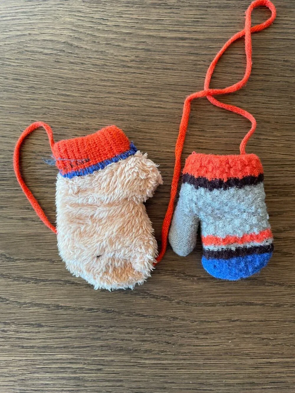 Kids Knit Winter Mittens on String Gray Orange Blue